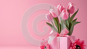 Mother's Day decorations concept. Top view photo of trendy gift boxes with ribbon bows and tulips on isolated pastel
