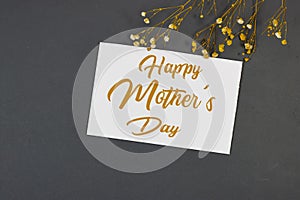 Mother\'s Day decorations concept. Top view photo of white invitation card with gypsophila flowers on gray background