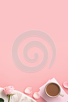 Mother`s Day design concept background with pink rose flower and milk tea on pink background