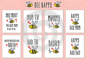 Mother`s day, Father`s day cards with cute bee, vector set