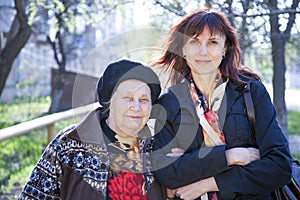 Mother`s Day, granddaughter with her grandmother, 90 years old