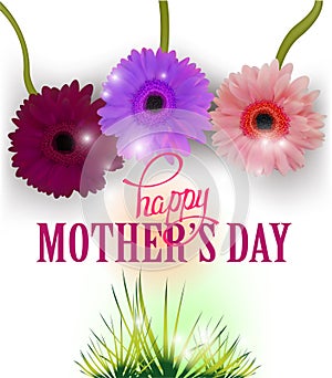 Mother`s day greeting card with beautiful gerberas and grass.