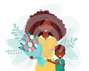 Mother`s day greeting card. Black woman with bouquet of flowers and son. Vector illustration