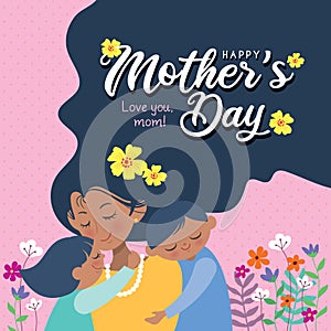 Mother`s Day greeting card - cartoon African mother, son & daughter with flowers