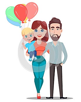 Mother`s day greeting card. Family concept. Handsome father and beautiful mom holding son