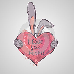 Mother`s Day greeting card. Rabbit holding heart. Mom you are the best. I love you mom
