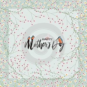 Mother's day greeting card with Spring flowers border on green mint pastel background, Vector illustration backdrop of