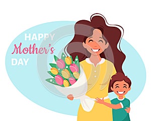 Mother`s day greeting card. Woman with bouquet of flowers and son. Vector illustration