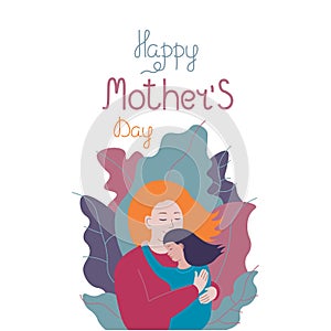 Mother`s Day greeting card with a woman hugging her little daughter