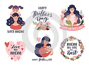 Mother`s day greeting cards, poster set with mom and baby