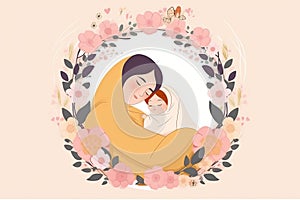 mother's day illustration mother day concept with yellow hijab mom hug baby and floral frame pink background