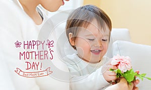 Mother`s Day message with toddler boy with his mother