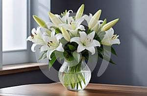 Mother\'s Day, National Grandmothers Day, International Women\'s Day, bouquet of white lilies in a glass vase, s