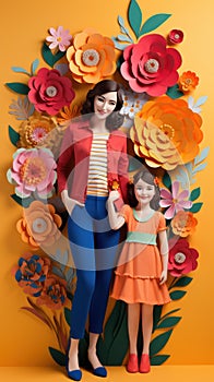 Mother\'s Day in paper cut design. Young mother and daughter like a paper doll. Happy Mother\'s day