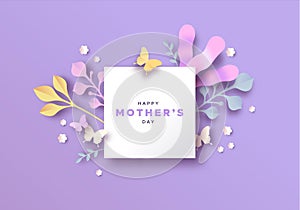 Mother`s day papercut nature card template frame