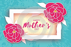 Mother`s Day. Pink Floral Greeting card. Paper cut Peony Flower.Rectangle Frame. Origami Women`s Day. Text.