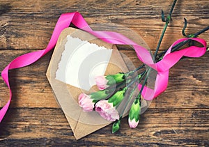 Mother`s Day postcard, pink carnations and silk ribbon,