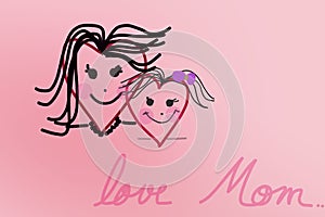 Mother`s Day Poster with cute hearts and face emoticon painting on pink background