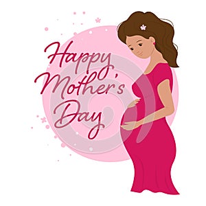 Mother`s day with pregnant woman character greeting card, future mother laught, cartoon character, pretty lady with love to her photo