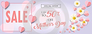Mother\'s Day Sale banner, vector gift card elements pink hearts flying isolated, 3D paper cut, sign
