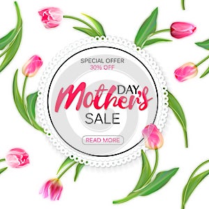 Mother`s day sale offer banner template. Round frame with lettering on seamless tulips background. Mohters day sale tag