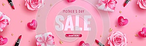 Mother`s day sale vector banner design. Happy mother`s day promo discount text with gifts, lipstick and flowers