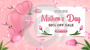 Mother`s Day Special Offer. 50 percent Off Sale banner design with frame, pink heart shaped balloons on rosy background