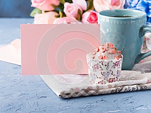 Mother`s day Valentine concept muffin cup tea paper note