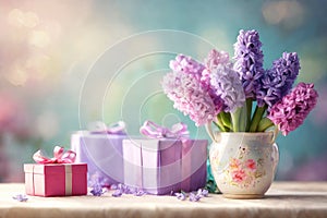 Mother\'s Day or Women\'s Day greeting card. Bouquet of Hyacinths and gifts box on wooden table