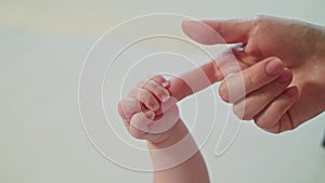 Mother`s Finger is Holding Baby`s Fist