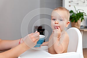 Mother& x27;s hand feeds funny cute happy blond baby toddler with spoon