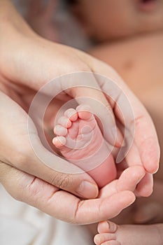 Mother`s hand holding infant baby boy`s feet with care.