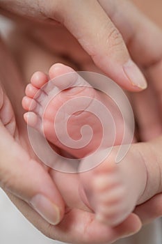 Mother`s hand holding infant baby boy`s feet with care.