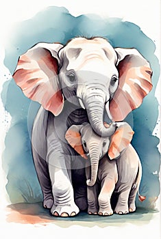 Mother\'s Protection: Hand-Drawn Elephant and Baby in Blue Watercolor