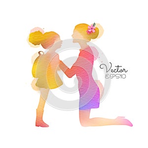 Mother saying goodbye to daughter as she leaves for school silhouette plus abstract watercolor painting. Parenting concept. Double