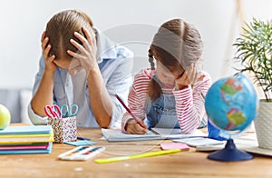 . mother scolds a child for poor schooling and homework