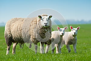 Mother sheep and her lambs in spring