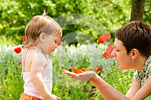 Mother showing poppy flower