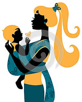 Mother silhouette with baby in a sling