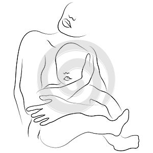 Mother sitting hugs her child.Linear art.Design for paintings, family planning center, mother and child clinic logo, tattoo