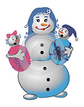 Mother snowman with twin children