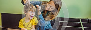 Mother and son assembling furniture. Boy helping his mom at home. Happy Family concept BANNER, LONG FORMAT