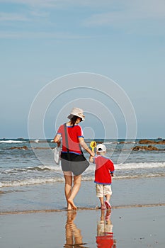 Mother and son on beach