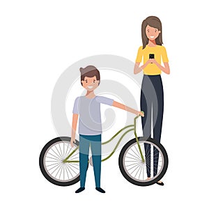 mother and son with bicycle avatar character