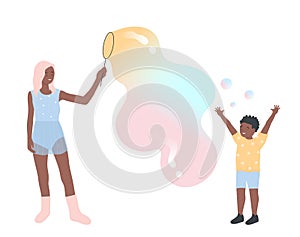 Mother and son boy play and blow soap bubble