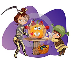 Mother with son carving Halloween pumpkin poster. Cartoon mom and little child dressed in hallows costumes of death and