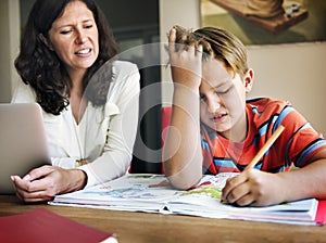 Mother Son Casual Bonding Activity Studying Concept