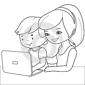 Mother and son on the computer. Vector black and white coloring page