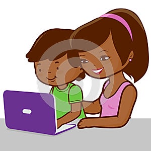 Mother and son on the computer. Vector Illustration