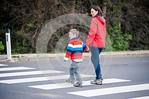 Mother and Son crossing the Street